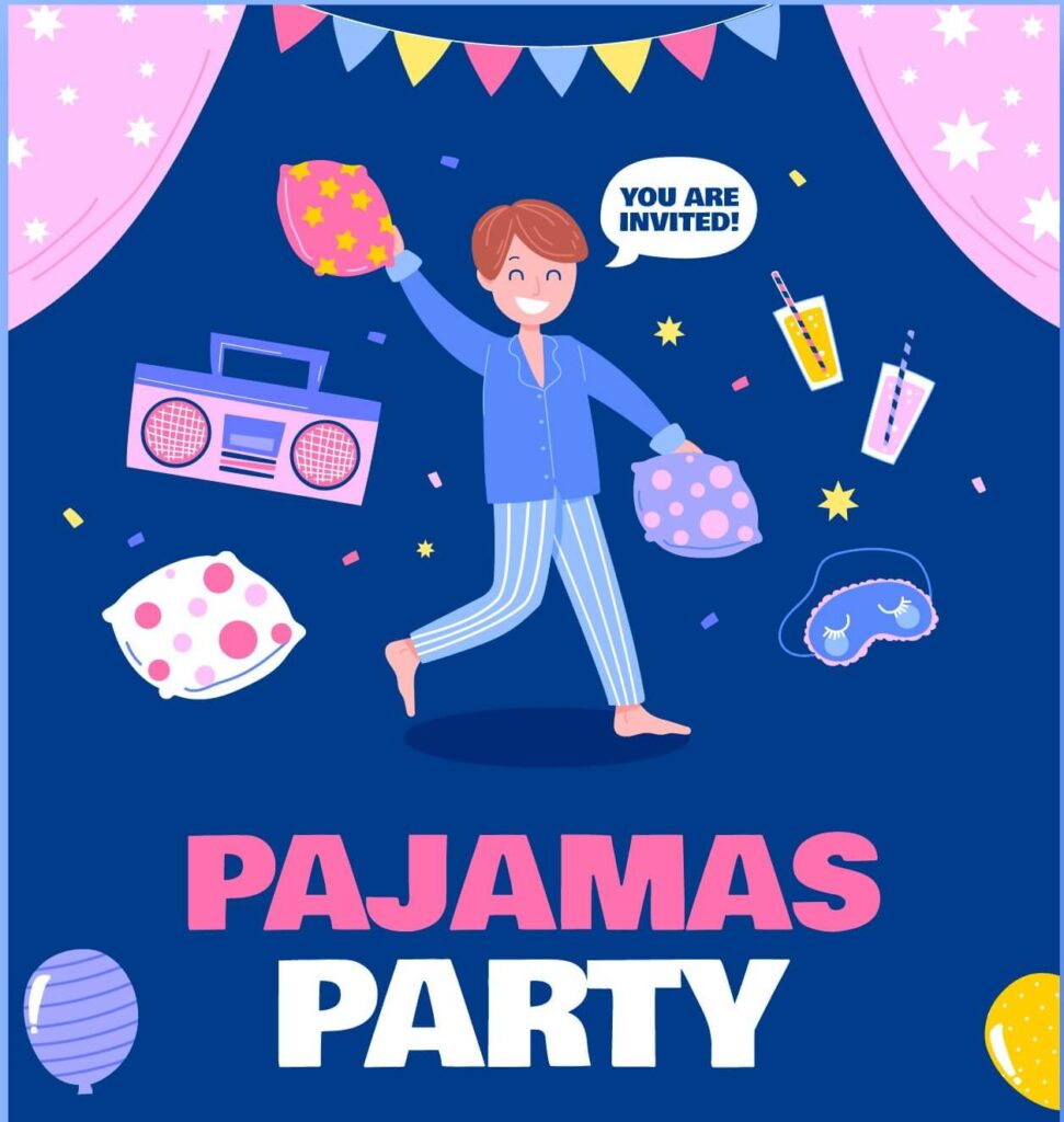  A colorful invitation card with cartoon pajamas.