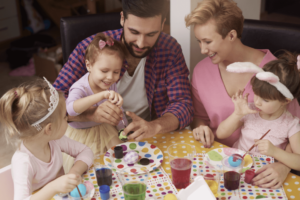 Family showing off different patterns but in the same color palette