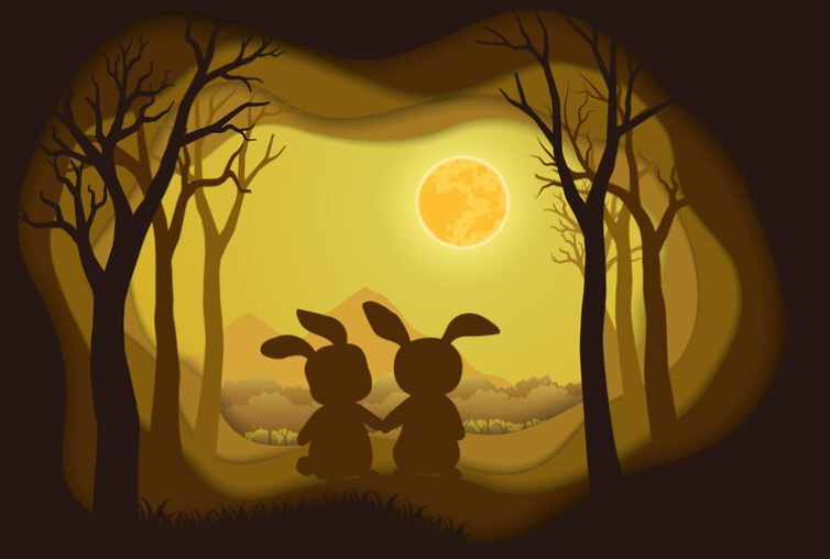 A big hare and a little hare, looking at the moon