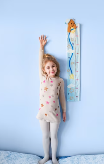 A-child-in-pajamas-marking-their-height-on-a-wall-chart