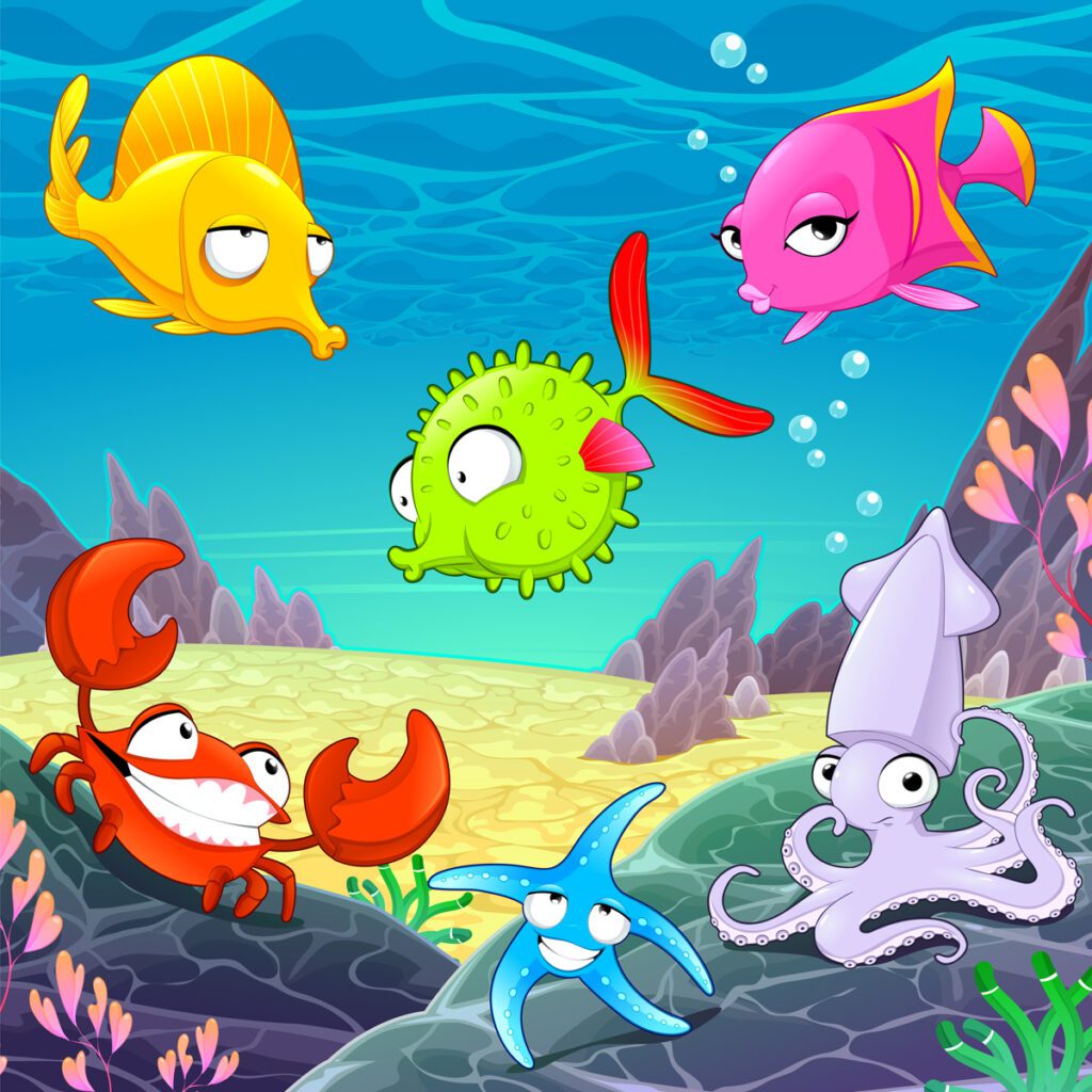 A glum fish surrounded by cheerful underwater friends