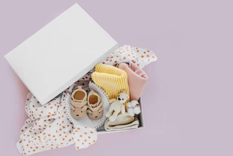 A wrapped gift box containing a pajama set