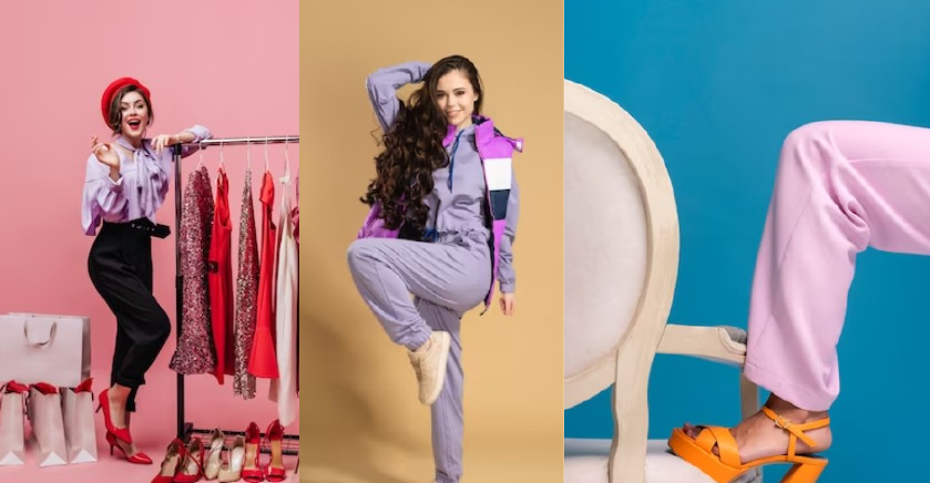 Collage showcasing different ways to style pajamas - with jackets, belts, and trendy shoes