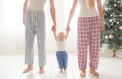 Different designs of mother-child pajama sets on display