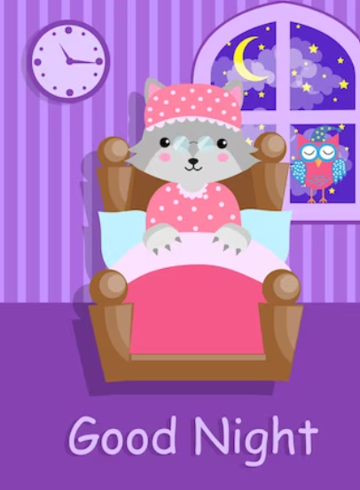 Illustration of a quaint room with a young bunny saying goodnight