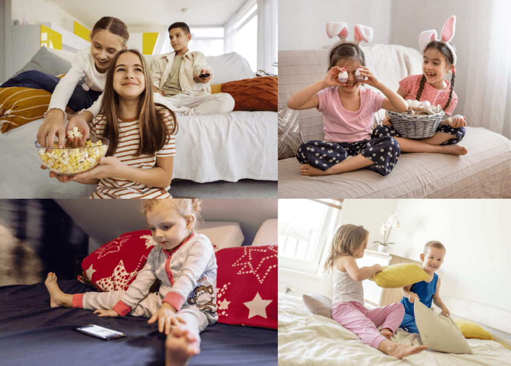 Kids in pajamas at different settings – a sleepover, a movie night, and a birthday morning.