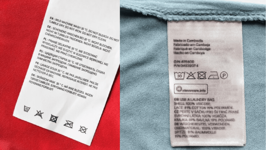 Two tags, one labeled "Flame-Resistant" and the other "Flame-Retardant"